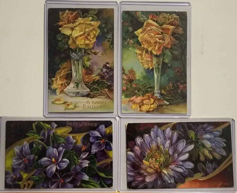 Lot Of Four Vintage Antique Embossed Postcards Flowers Birthday Best Wishes